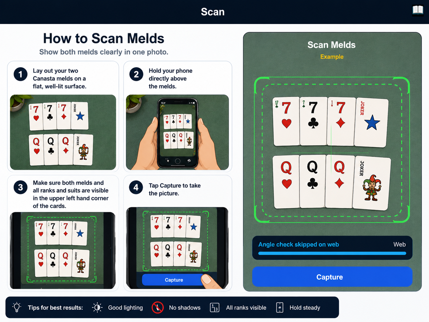 Instructional graphic showing how to scan two Canasta melds with a phone