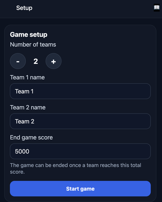 Game setup screen