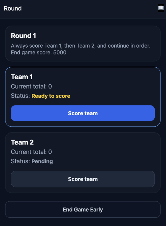 Round order screen showing team scoring status