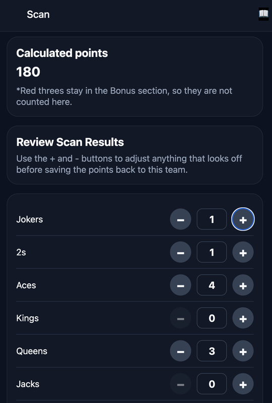 Review scanned card counts and calculated points